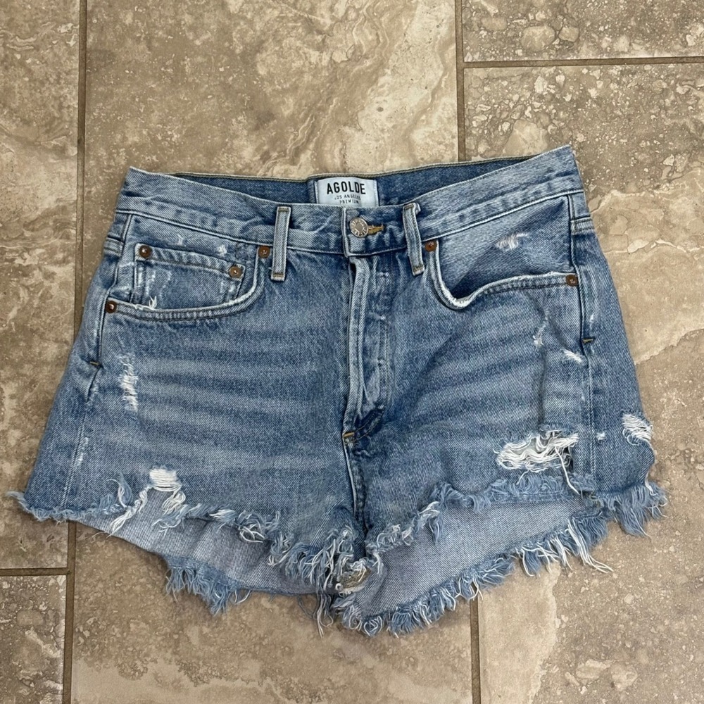 AGOLDE Parker High Rise Distressed Denim Shorts Light Wash Blue A026-811 Size 25